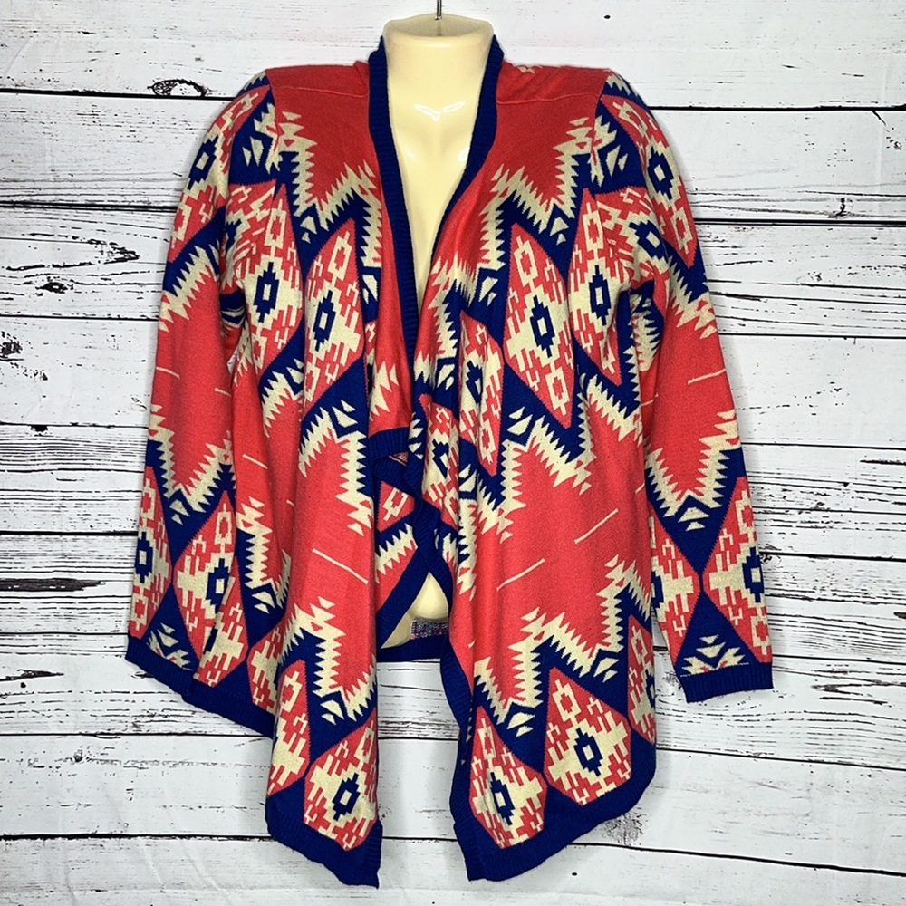Ashro Size L Pink & Blue Aztec Print Open Front Drape Sweater Cardigan